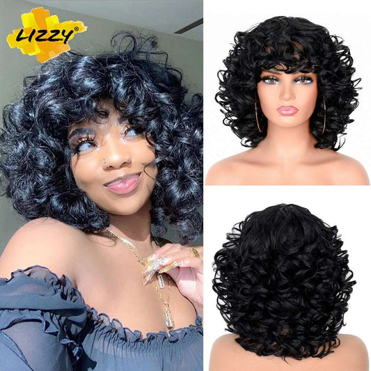 Short Hair Afro Curly Wig With Bangs Loose Synthetic Cosplay Fluffy Shoulder Length Natural Wigs