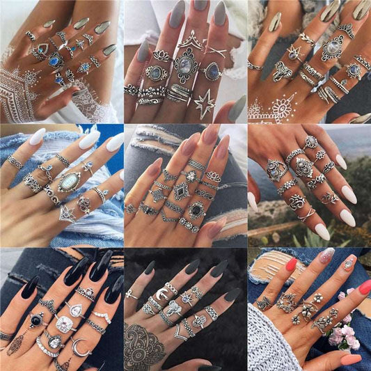 Rings Opal Women Bohemian Vintage Crown Wave Flower Heart Leaf Crystal Joint Party Silver Ring Sets