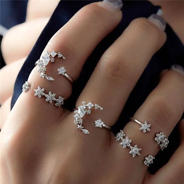 Rings Opal Women Bohemian Vintage Crown Wave Flower Heart Leaf Crystal Joint Party Silver Ring Sets GTPD Global Trending Products Direct