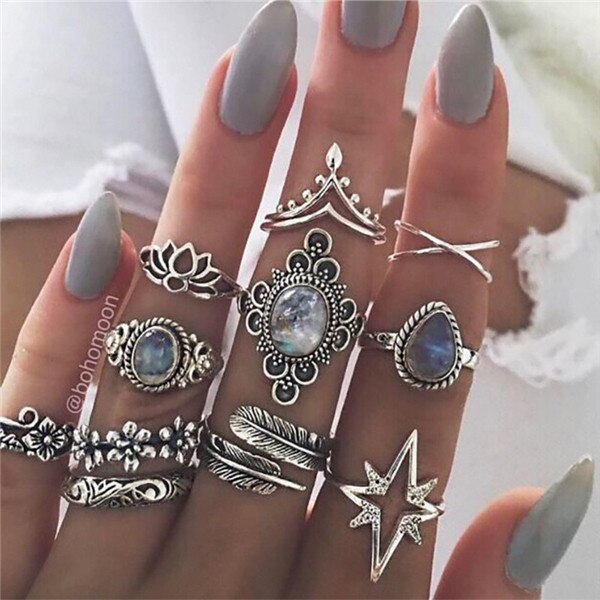 Rings Opal Women Bohemian Vintage Crown Wave Flower Heart Leaf Crystal Joint Party Silver Ring Sets GTPD Global Trending Products Direct