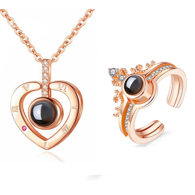 Projection Valentine or Romantic Heart Necklace & matching Ring Set Projection I Love You SET GTPD Global Trending Product Direct