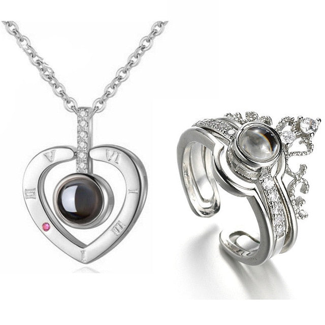 Projection Valentine or Romantic Heart Necklace & matching Ring Set Projection I Love You SET GTPD Global Trending Product Direct