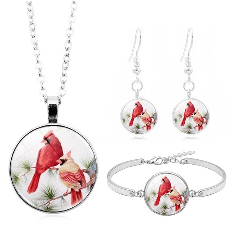 Fashion Women Jewelry Sets Cabochon Pendant Necklace Bracelet Earrings Jewelry Set Cardinal Bird Time Stone for Ladies Party GTPD Global Trending Products Direct