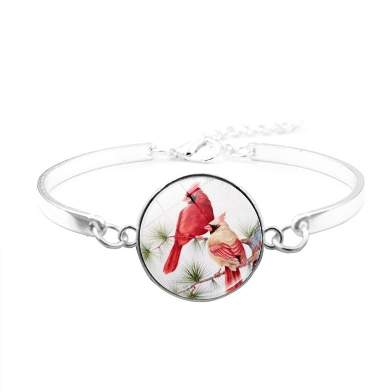 Northern Cardinal Bird Jewelry Northern Cardinal Bird Glass Necklace Stud Earring Bracelet Bangle Set Totally 4Pcs Fashion Set GTPD Global Trending Products Direct