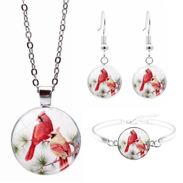 Northern Cardinal Bird Jewelry Northern Cardinal Bird Glass Necklace Stud Earring Bracelet Bangle Set Totally 4Pcs Fashion Set GTPD Global Trending Products Direct